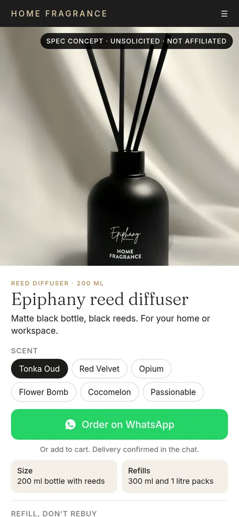 Spec mockup of what we would build: the diffuser photo first, the six scents as buttons, a WhatsApp order button, size, refill packs and where they are.