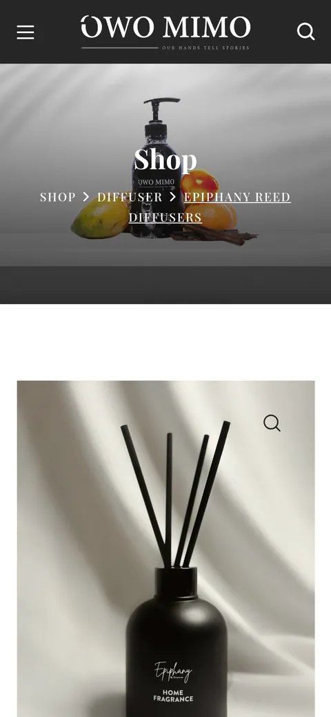 Before: their real mobile product page for a reed diffuser, where a large shop banner fills the first screen and the product sits below it.