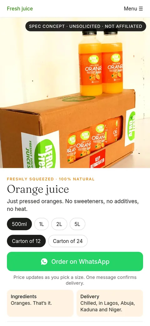 Spec mockup of what we would build: their real bottle photo, size and carton options, a WhatsApp order button, ingredients, delivery areas and a line for office orders.
