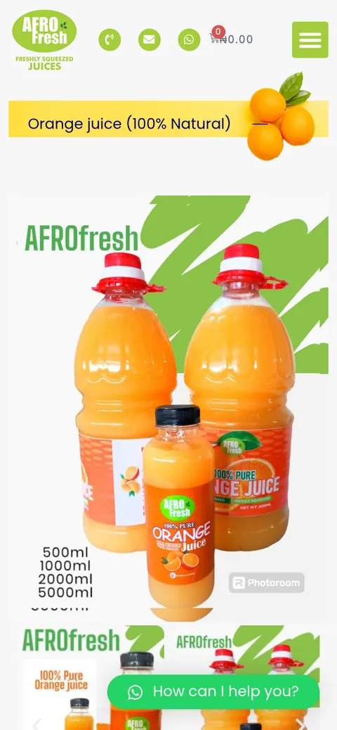 Before: their real mobile product page for orange juice, opening on a promo graphic with an editing-app watermark.